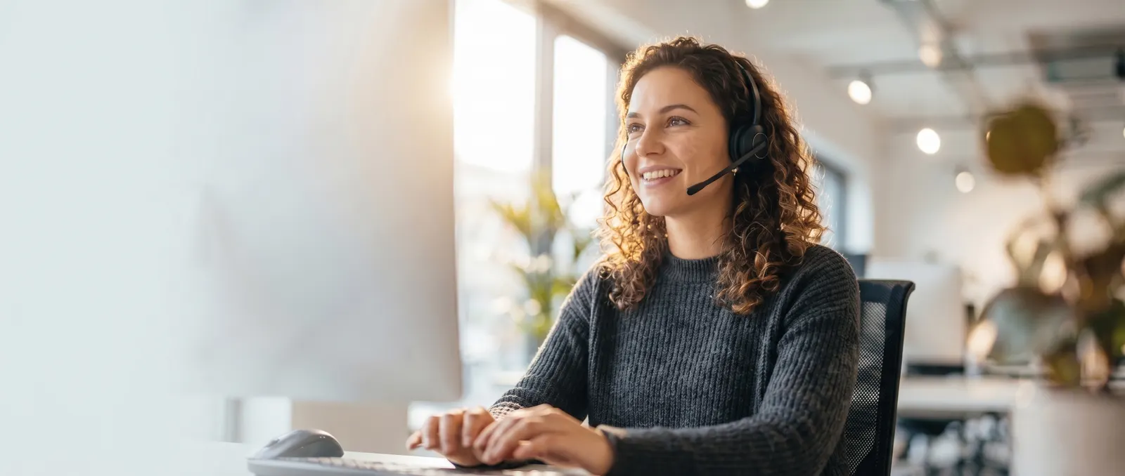 A Simexa specialist with a headset, smiling as she answers a customer