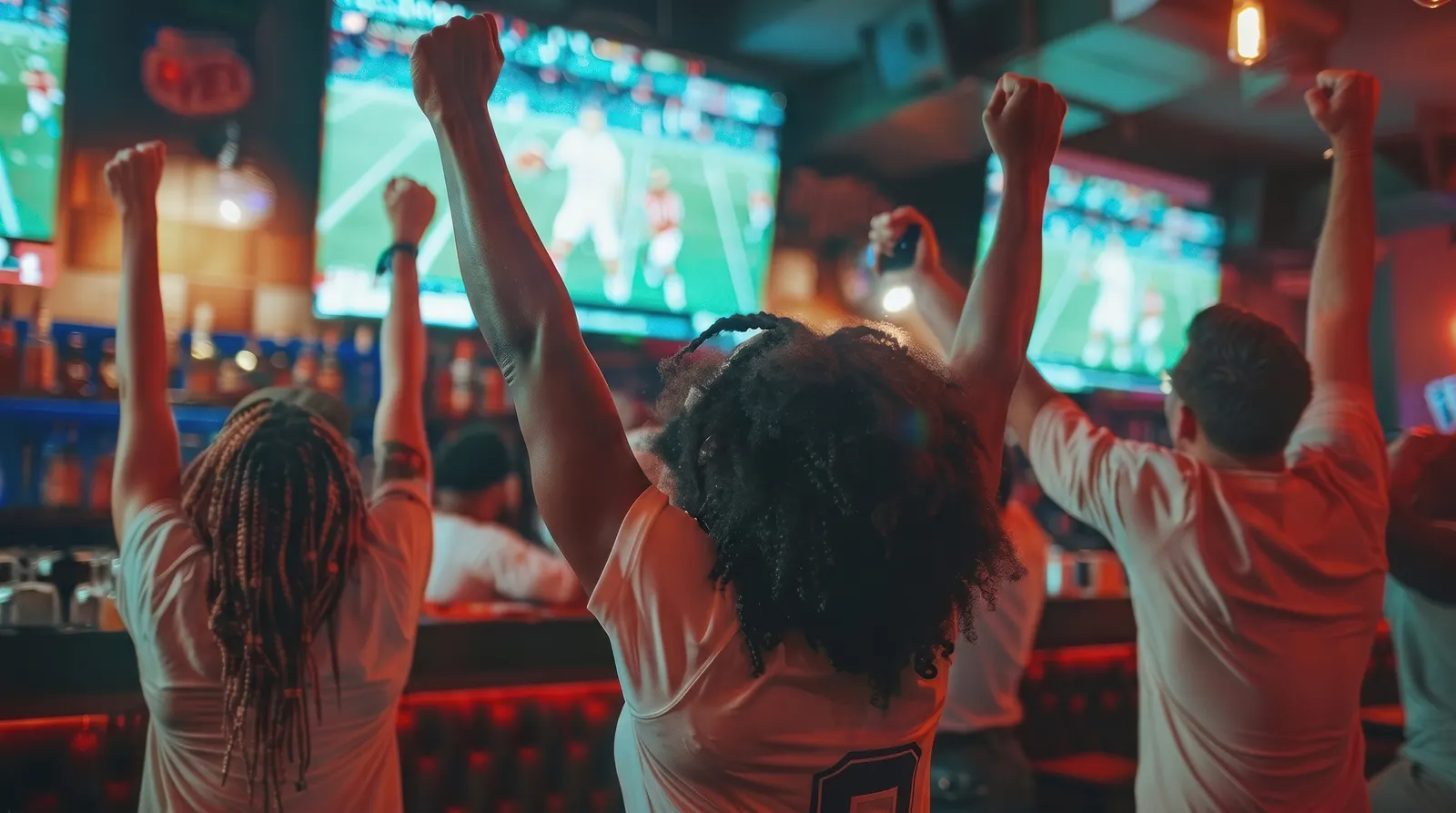 Guests at a sports bar cheering in front of several game screens